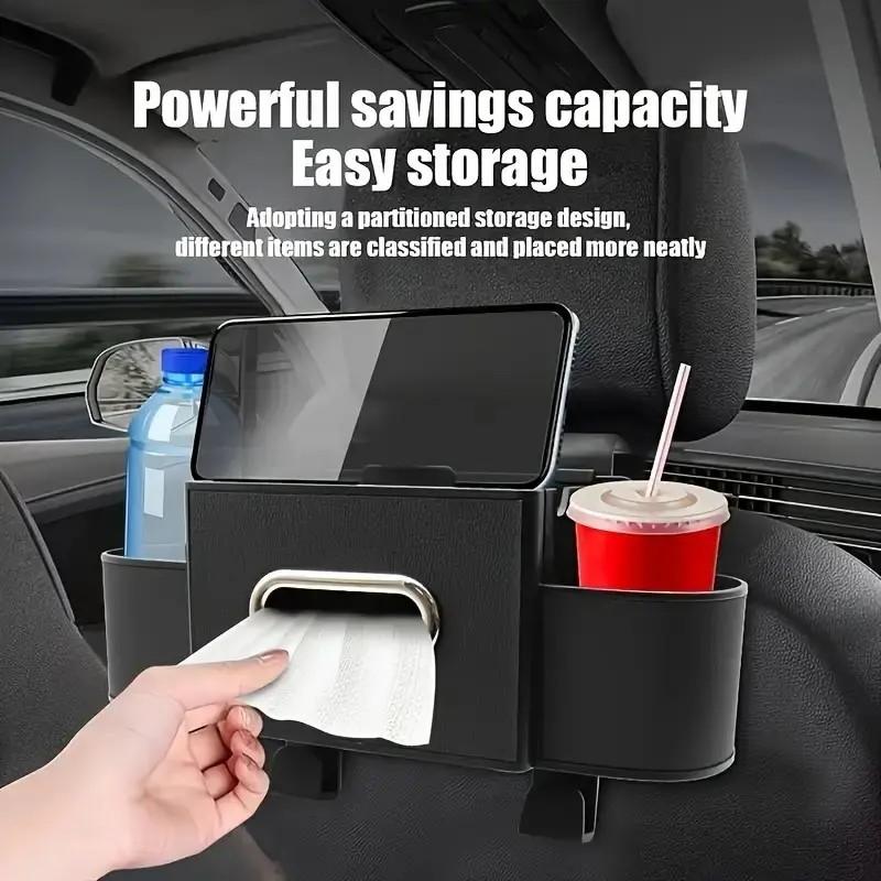 Car seat rear storage box - fashionable and practical, suitable for family adventures - cup holder, tissue box and hook - perfect for young people, road trips and travels