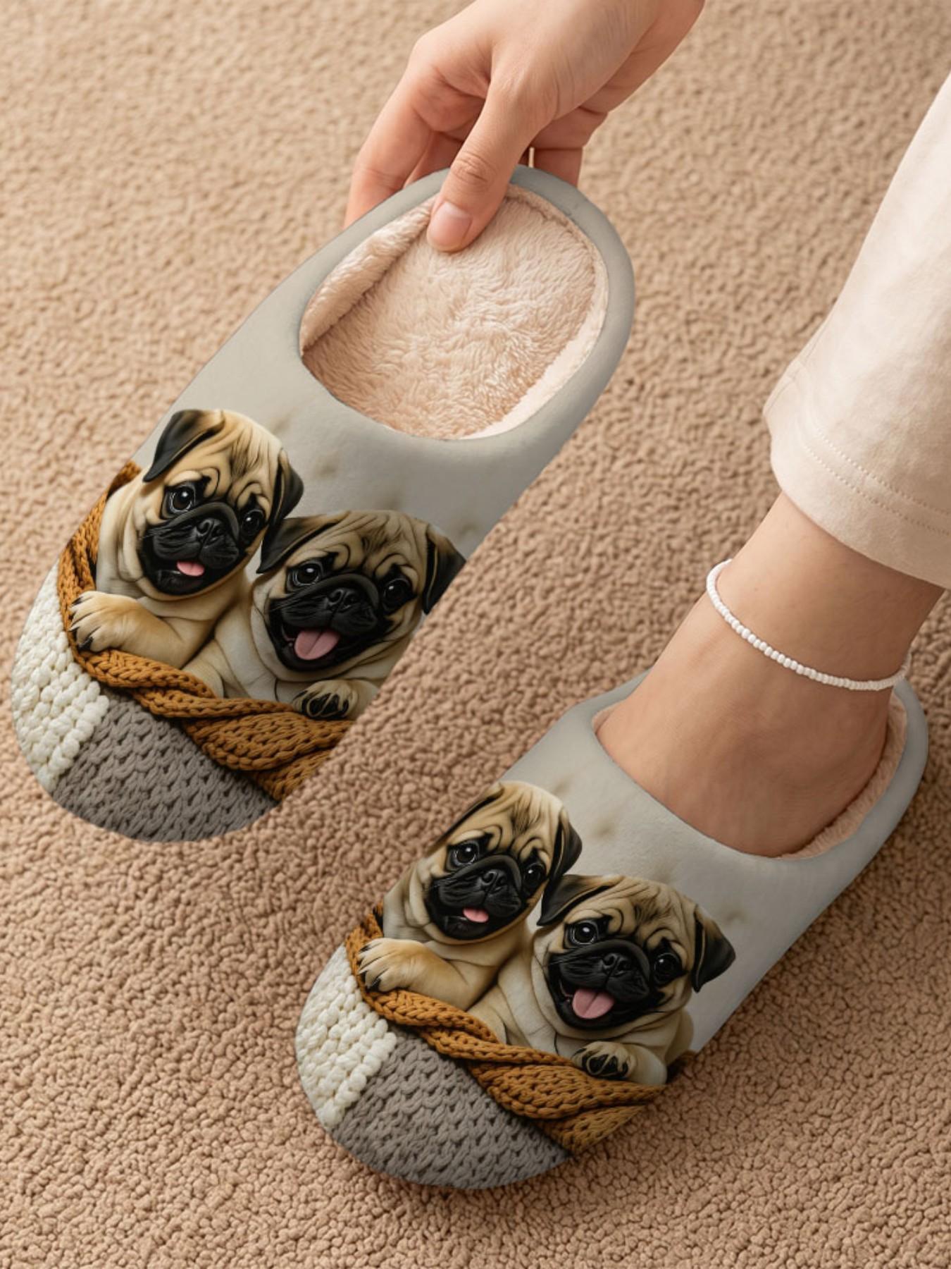 Women's Halloween Plush House Slippers, Cute Pet Prints, Fall Winter Non-Slip Warm Indoor Shoes, Casual Fabric Upper