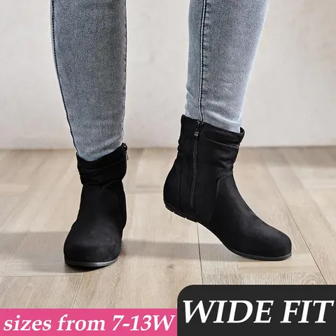 Luoika Women's Wide Width Ankle Boots - Black Brown Short Boots Block Low Heel Side Zipper Booties.