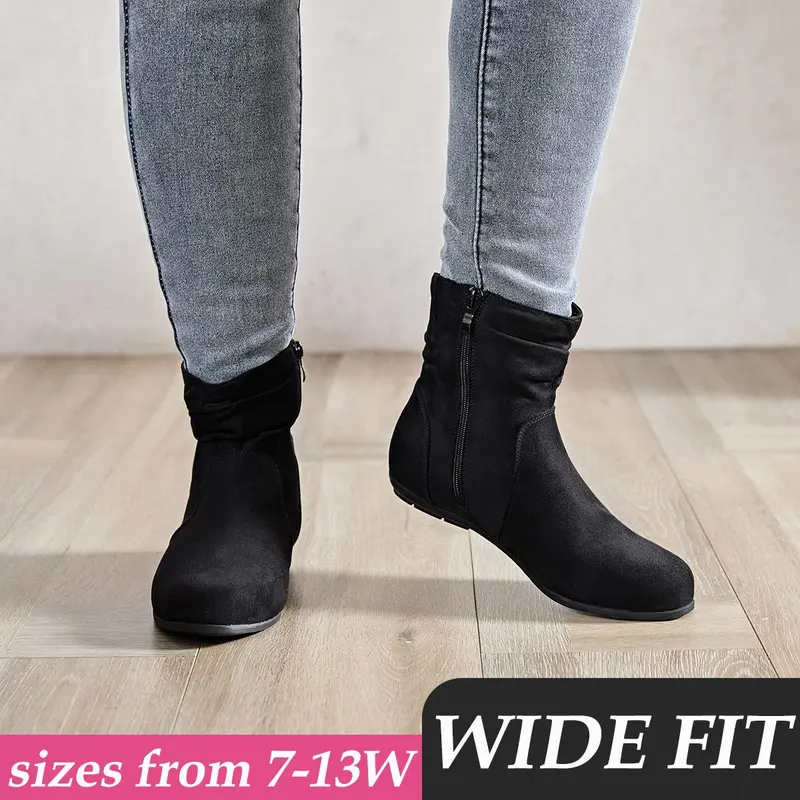 Luoika Women's Wide Width Ankle Boots - Black Brown Short Boots Block Low Heel Side Zipper Booties.