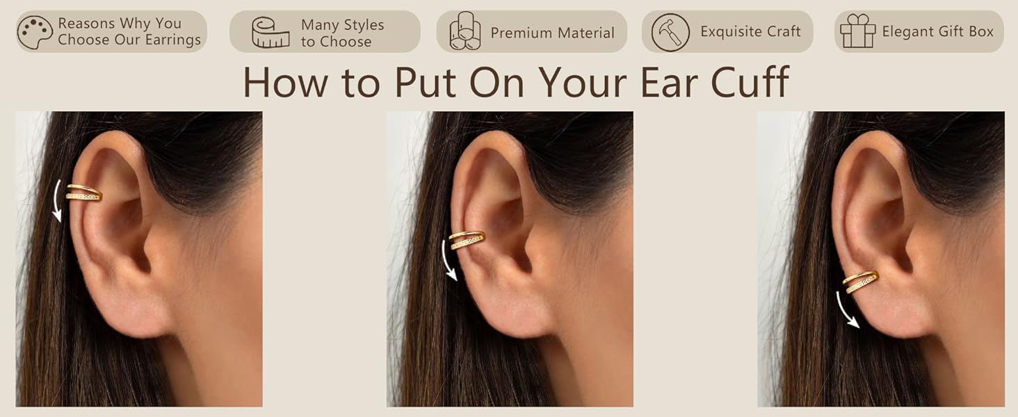 Fansilver 3count Ear Cuff Earrings for Women Non Piercing 14K Gold Plated Ear Cuffs Clip on Cartilage Earrings Adjustable Fake Earrings Lightweight Back to School Soft Copper Material