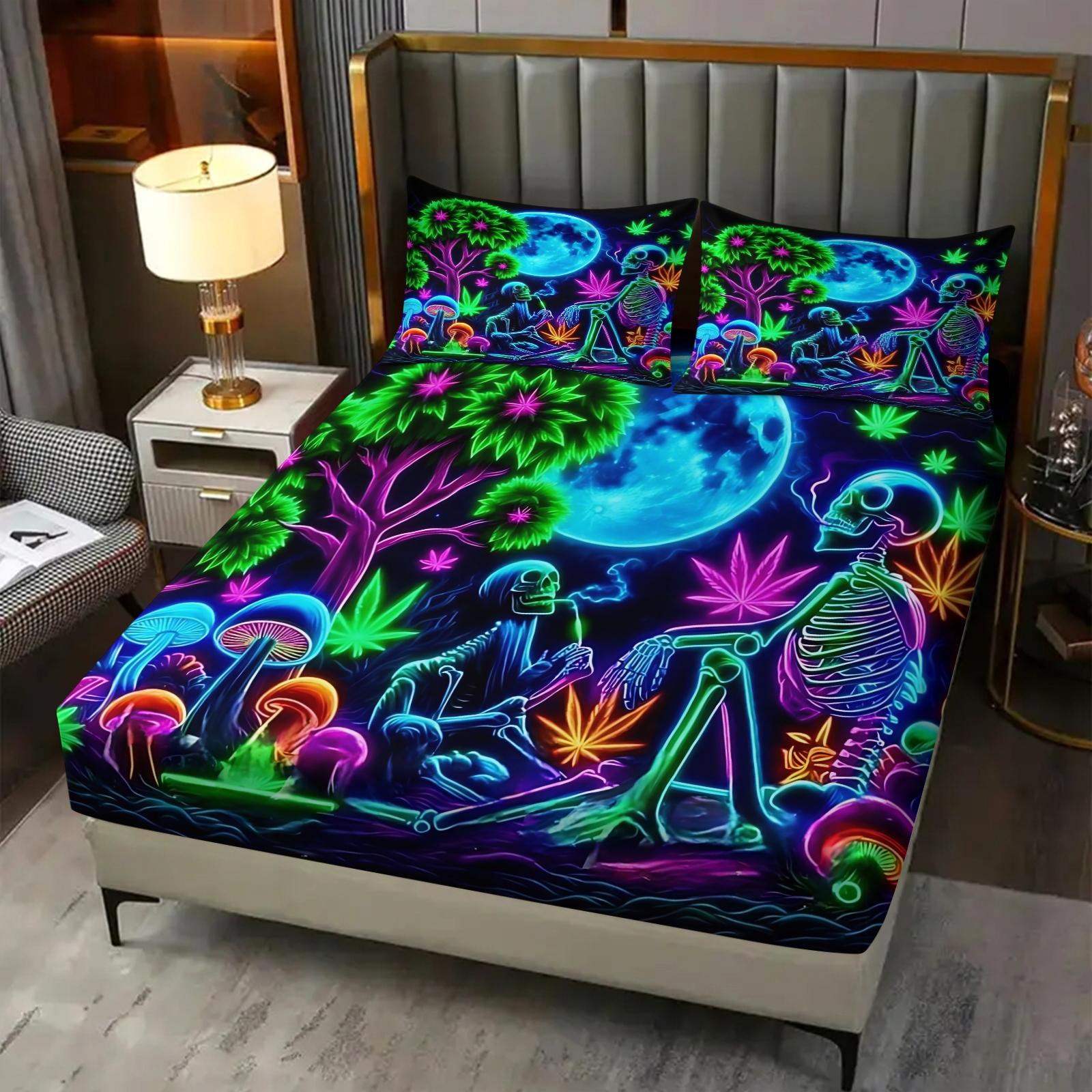 3pcs Psychedelic Fluorescent Skull Alien Pattern Fitted Sheet Set, Skull Fantasy Forest Full Moon Element Bedding Set. With Bright and Bold Colors.Made of Soft Microfiber Material, Includes 2 Pillowcases, Not Include Pillow Inserts, Bed Sheets