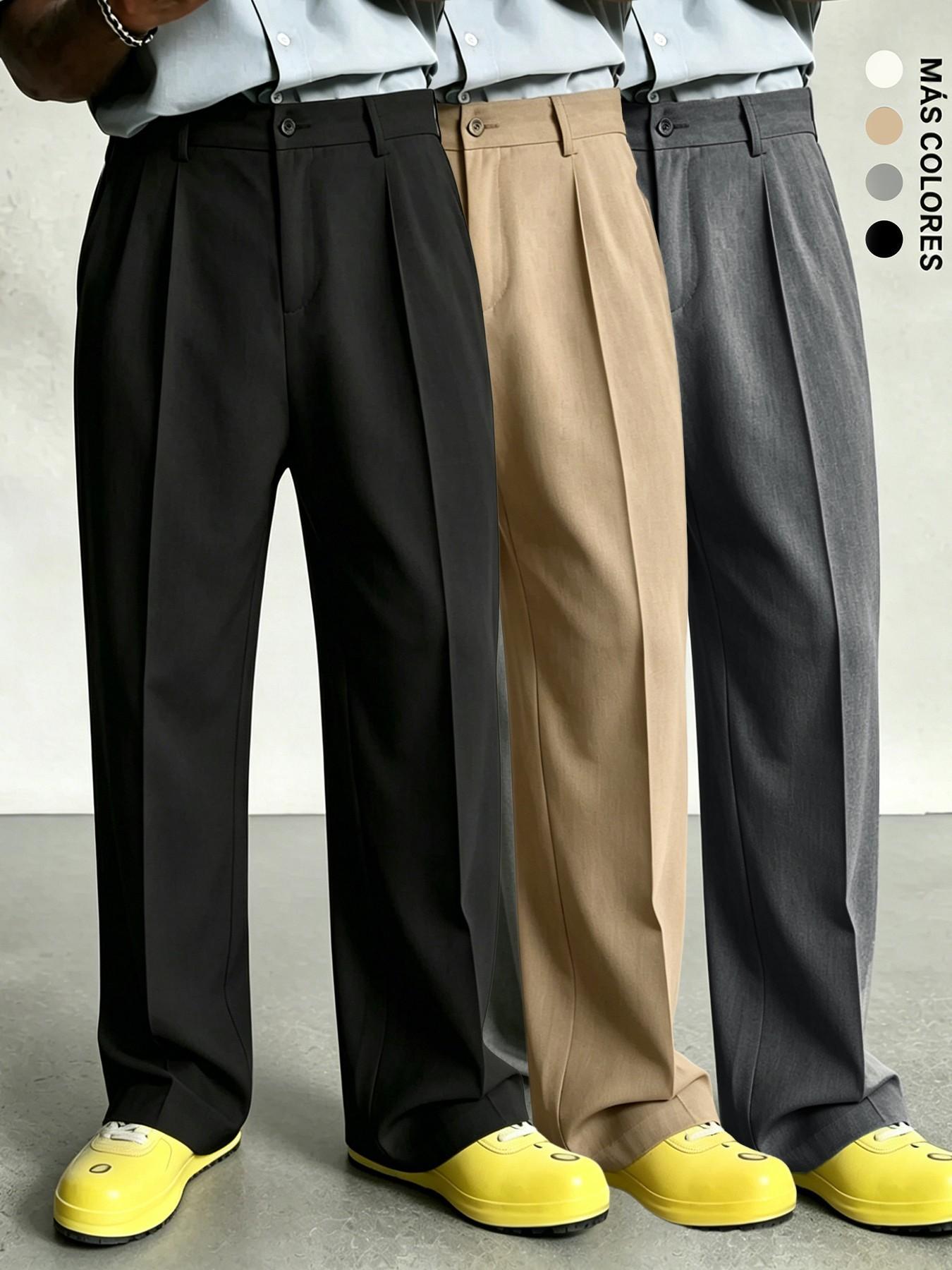 Men's Pleated Wide Leg Suit Pants, Formal Wear, Casual Loose Fit, Business & Street Style, Mid Waist, Drawstring Waist, Adjustable Pants, All Seasons