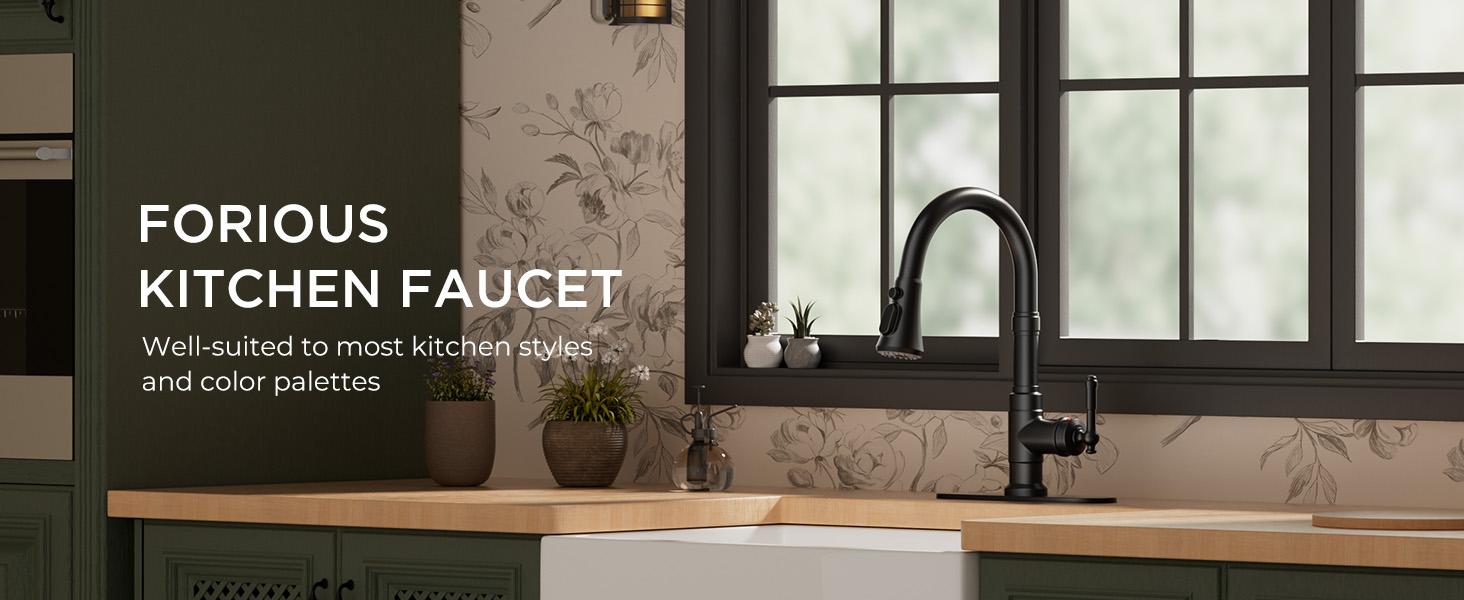 Forious Vintage Kitchen Faucet, Pull Down Sprayer, Oil Rubber Brown, High Arc Single Handle, Antique Stainless Steel, Fits 1 or 3 Hole