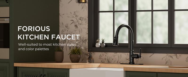 Forious Vintage Kitchen Faucet, Pull Down Sprayer, Oil Rubber Brown, High Arc Single Handle, Antique Stainless Steel, Fits 1 or 3 Hole