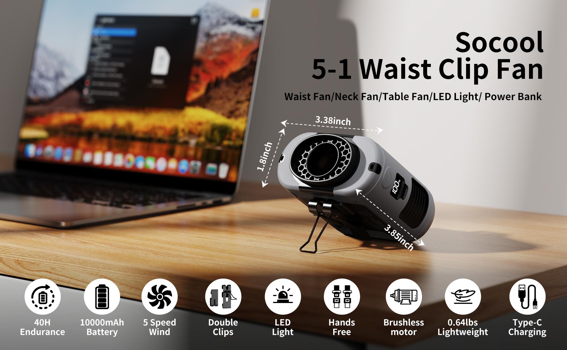 Socool Fan 10000mAh/14500mAh Power Bank, Portable Waist Fan Clip-on Wearable Belt Personal Fan, Rechargeable Battery Operated With Flashlight Hands-Free Up to 40H/67H Cooling, USB Cooling Fan For Outdoor #GLOBAL PICKS Socool Fan 10000mAh/14500mAh Power Bank, Portable Waist Fan Clip-on Wearable Belt Personal Fan, Rechargeable Battery Operated With Flashlight Hands-Free Up to 40H/67H Cooling, USB Cooling Fan For Outdoor #GLOBAL PICKS