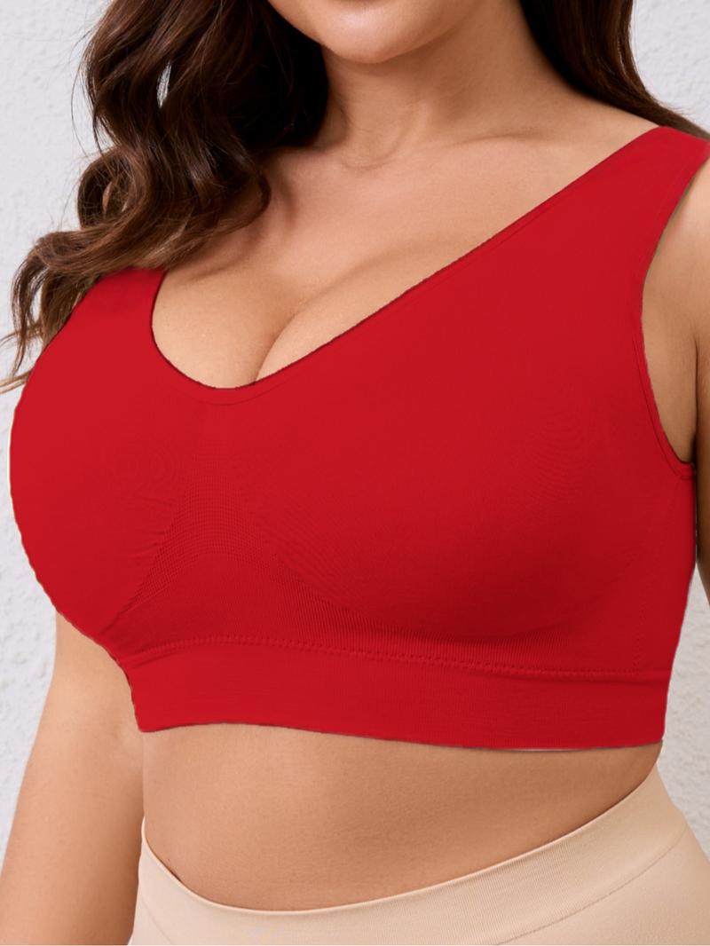 Women's Plus Size Push Up Bra, Soft Comfortable Wide Strap Crop Top, U-Shape Back,With Removable Pads,  Casual Basic Top,Lady Underwear All Season Wear, Solid Backless Bra