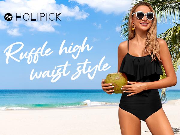 Holipick Tankini Swimsuits for Women Two Piece Bathing Suits Ruffle Tops with High Waisted Bottoms Bikini Sets for Teen Girls