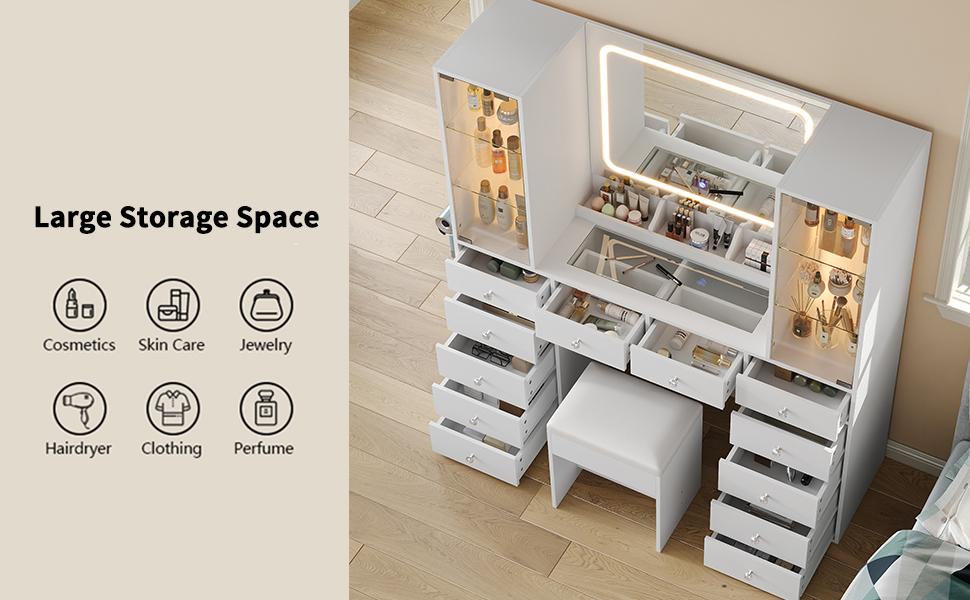 FUSOU 12 Drawers Makeup Vanity with Charging Station【Shipping By 2 Packages】Vanity Desk with LED Mirror & 2 Glass Cabinet, 3 Color Modes, Brightness Adjustable, Glass Top, Dressing Table with Chair for Bedroom (12 Drawers)
