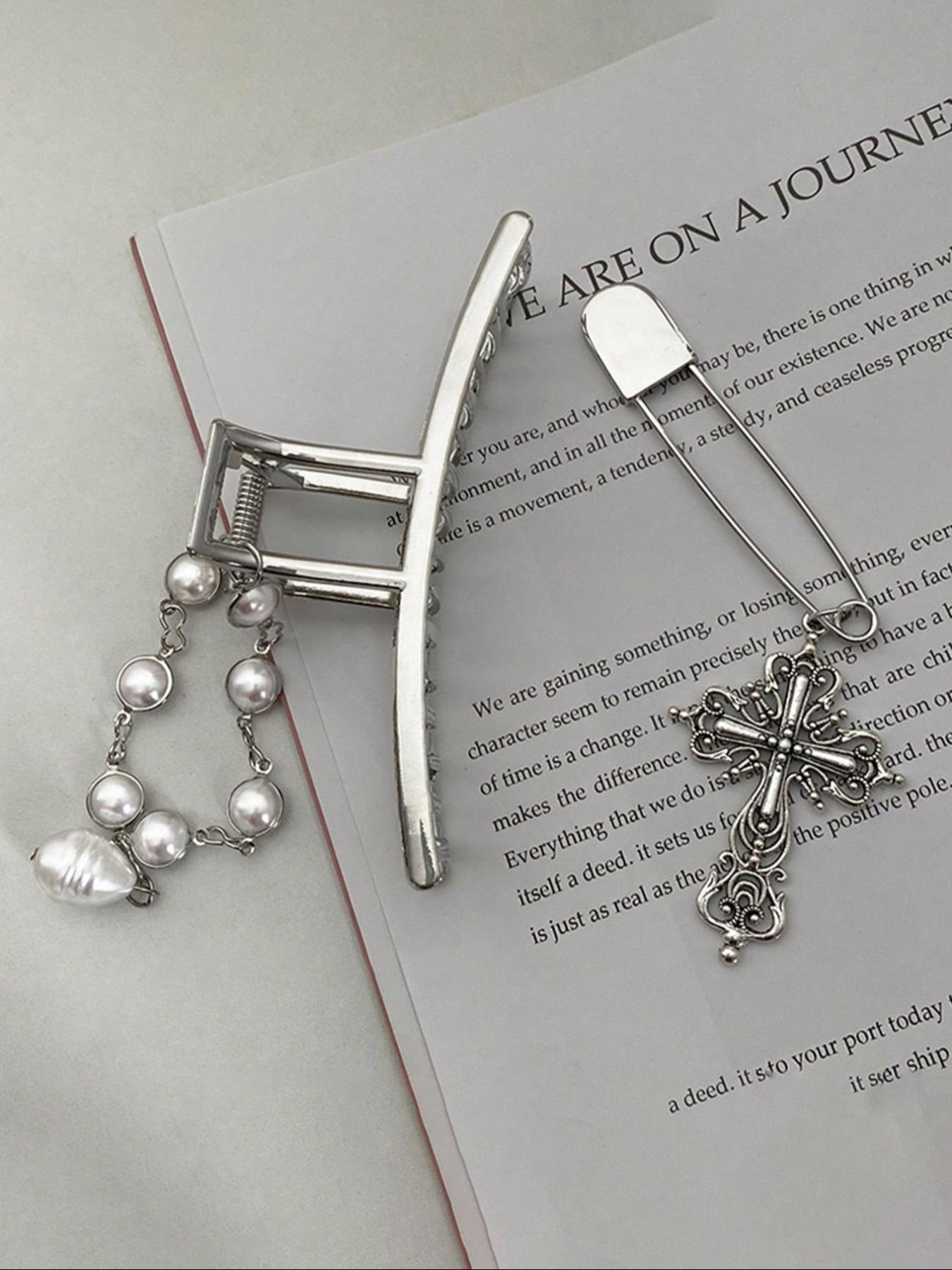 Faux Pearl & Chain Decorated Hair Claw, Hair Clip, Hairpin, Y2K Punk Style Hollow Out Design Hair Accessories for Women & Girls, Vintage Hair Accessories for Daily Wear