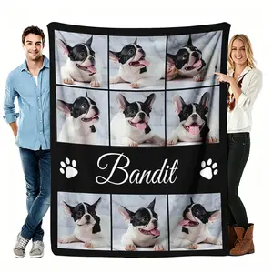 Pet Custom Photo Throw Blanket, Personalized Dog Flannel Blanket, Soft Cozy Warm Throw, Nine Grid Paw Print Design, Gift for Pet Lover Mom Dad, Memorial Cute Couch Bedroom Decor