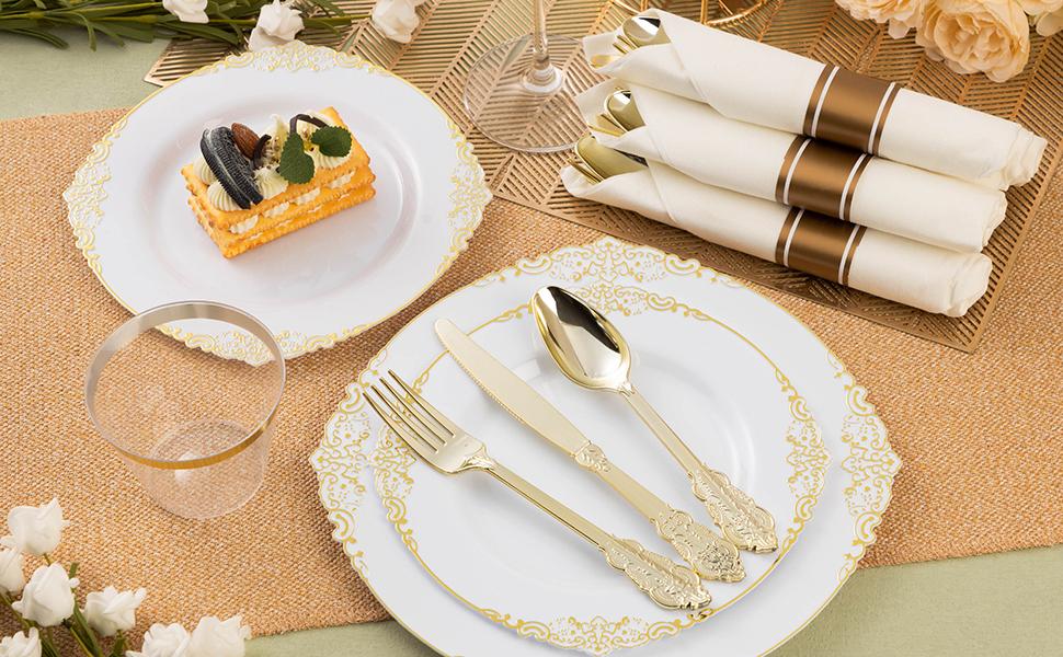 100 Pack Heavyweight Gold Plastic Silverware Set 300 Cutlery & 100 Pre-Rolled Napkins for Wedding Party Christmas Anniversary Decorations Supplies - Disposable Plates