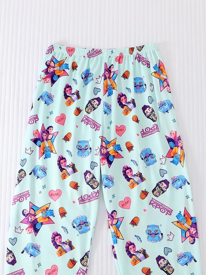 Women's Cartoon Sleepwear Set, Cute Heart Pattern, Comfortable Loose Fit, All-Season Wear, Casual Home Clothing, 2 Piece