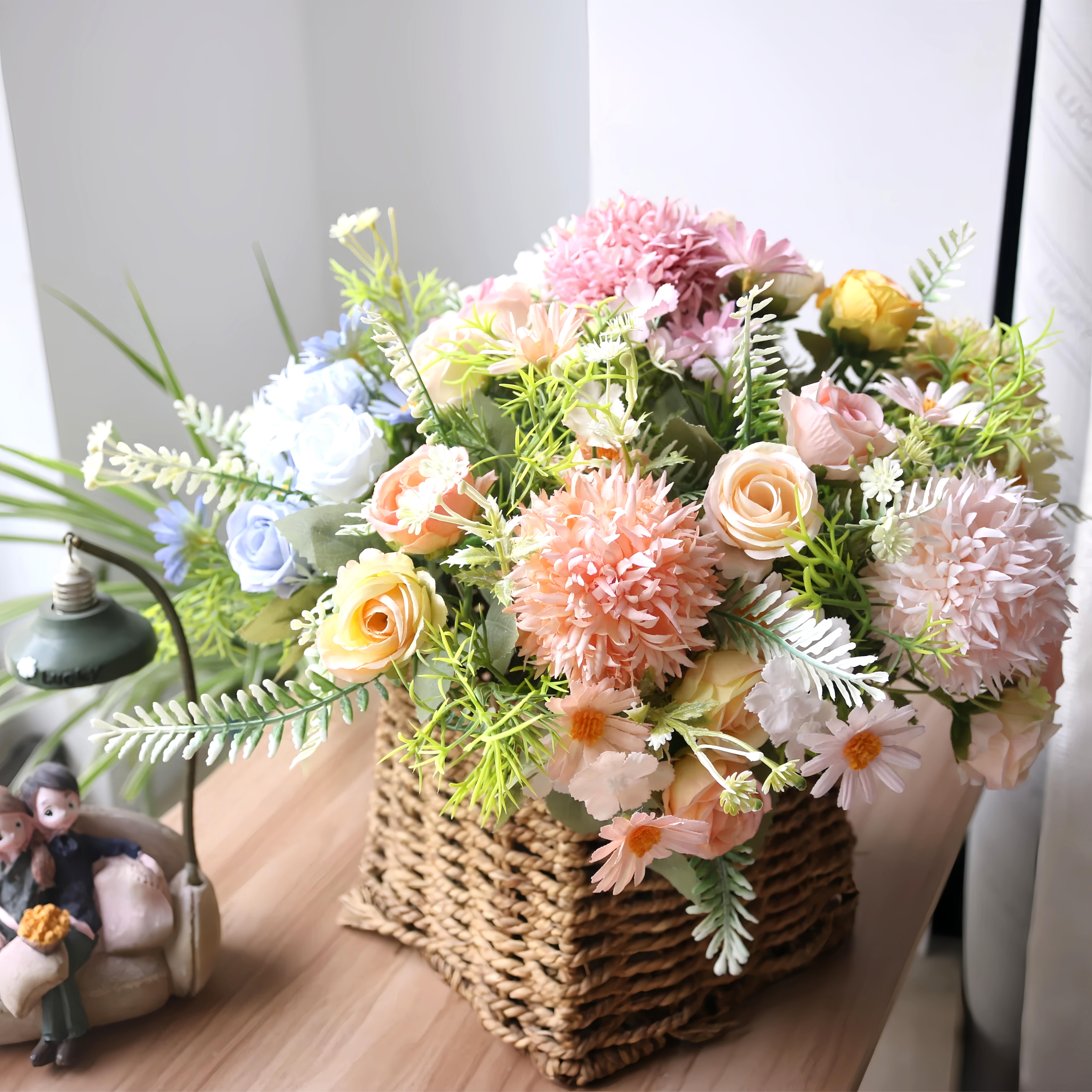 5Pcs Artificial Flowers 7 Stems Mixed Fake Bouquet with Rose Daisy Chrysanthemum Hydrangea, No Fade Faux Flower Arrangement for Wedding Bridal Bouquet Home Decor Garden Party Gift, Rustic Farmhouse Style