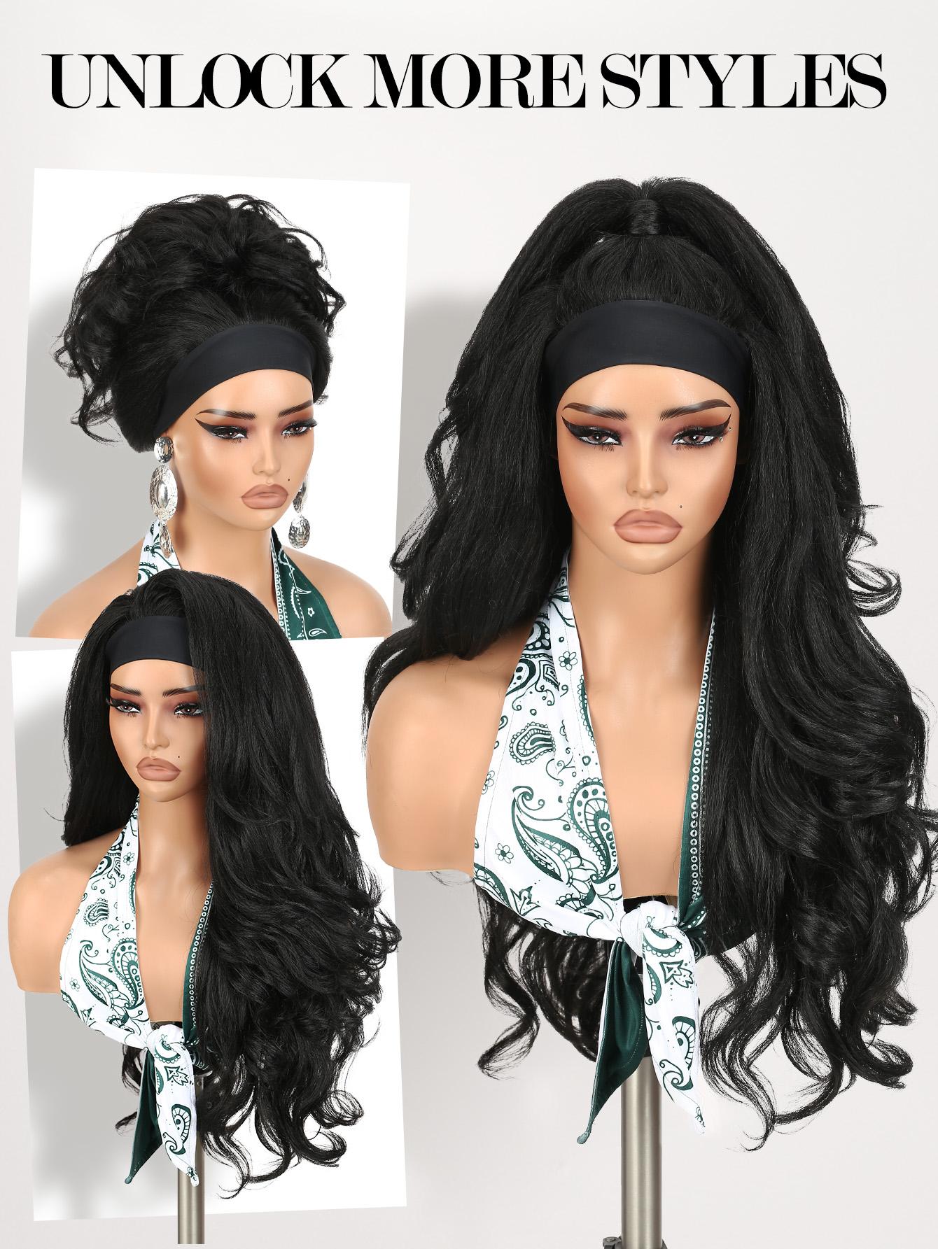 Yaki Body Wave Headband Wig for Women, Synthetic Fiber Wigs Curly Wavy 26 Inch Long Kinky Straight, Glueless Lightweight, Heat Resistant, Daily Use
