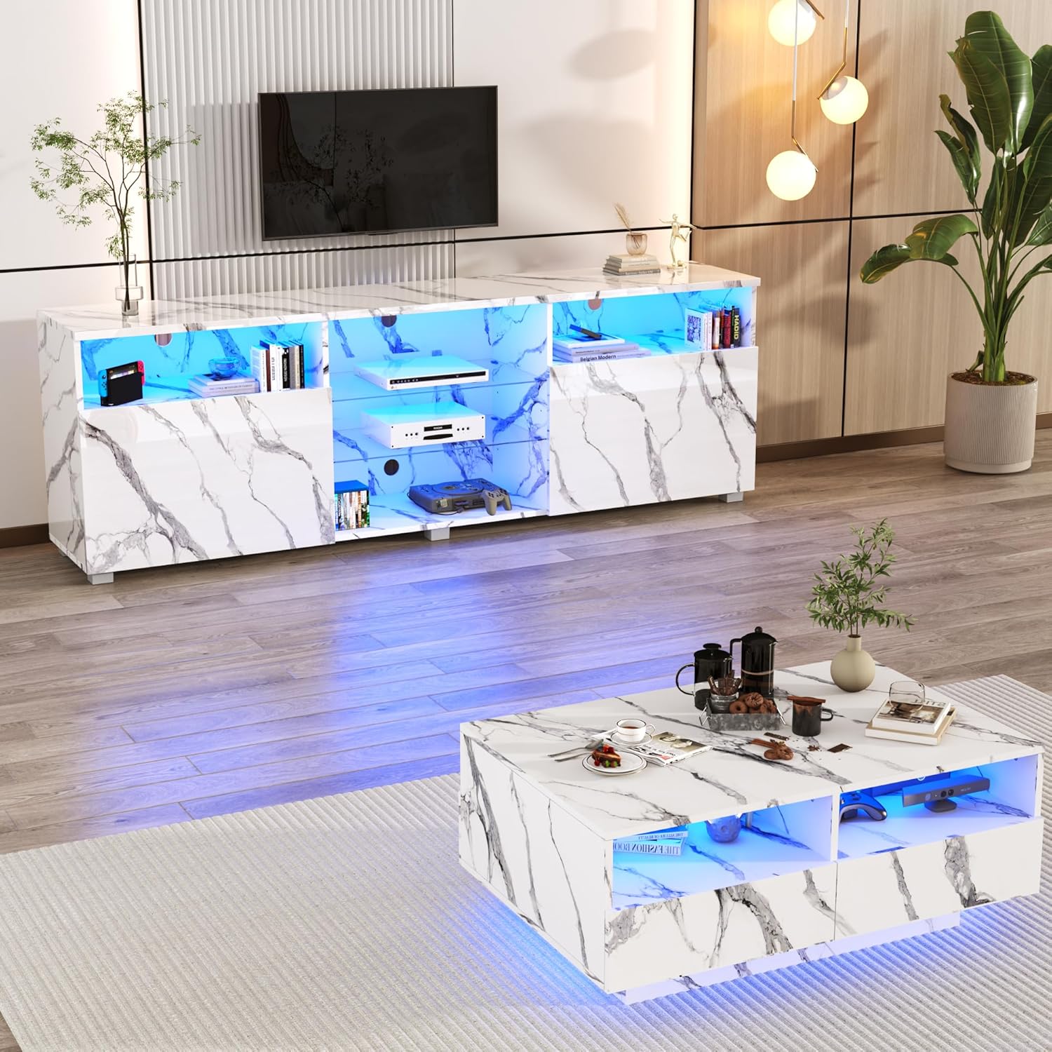 Modern LED 57/65/71/80.7/86.6in TV Stand for 55/60/65/70/75/80/85/90/95 inch TV,High Glossy TV Entertainment Center with Storage Drawer,TV Stands for Living Room,APP RGB Light,Smart Modern TV Cabinet (Black/White Marble/Black Marble)