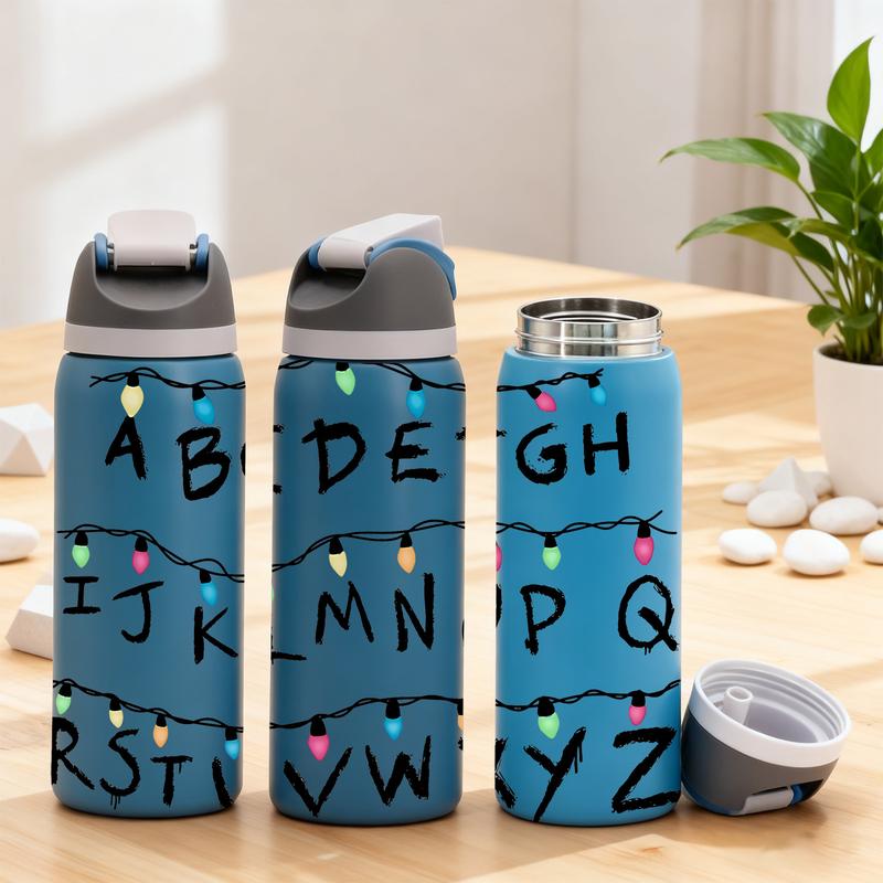 1pc 40oz Stainless Steel Vacuum Insulated Tumbler with Lid and Straw, Stranger Things Alphabet Light Wall Design, Insulated Thermal Cup, Keep Hot 12H / Cold 24H, Retro Sci-Fi Travel Mug, Unique Gift for TV Series Fans and 80s Nostalgia Aesthetic Lovers