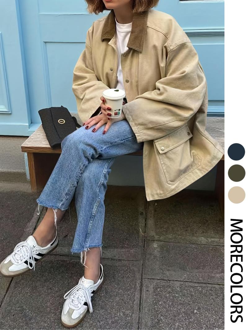 Autumn Winter New European Style Women's Retro Casual Loose Colorblock Corduroy Lapel Windbreaker Coat, Slim-Fit Woven Fabric Jacket