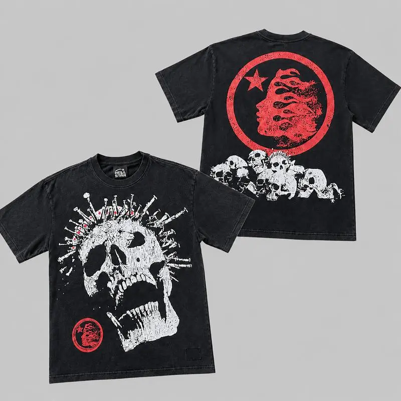 Hellstar Skull Graphic T Shirt Heavyweight Cotton Vintage Washed Oversized Short Sleeve Tee for Summer Casual Streetwear Y2K Hip Hop Aesthetic Outfit for Men Women Unisex Trendy Fashion Top
