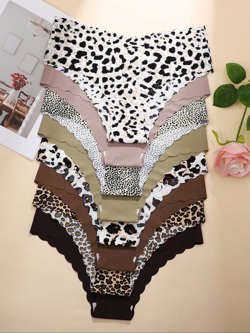 Women's Leopard Print & Solid Color Panties, Comfortable Seamless Briefs, V-Shaped Pull-Up Waistband, Floral Pattern