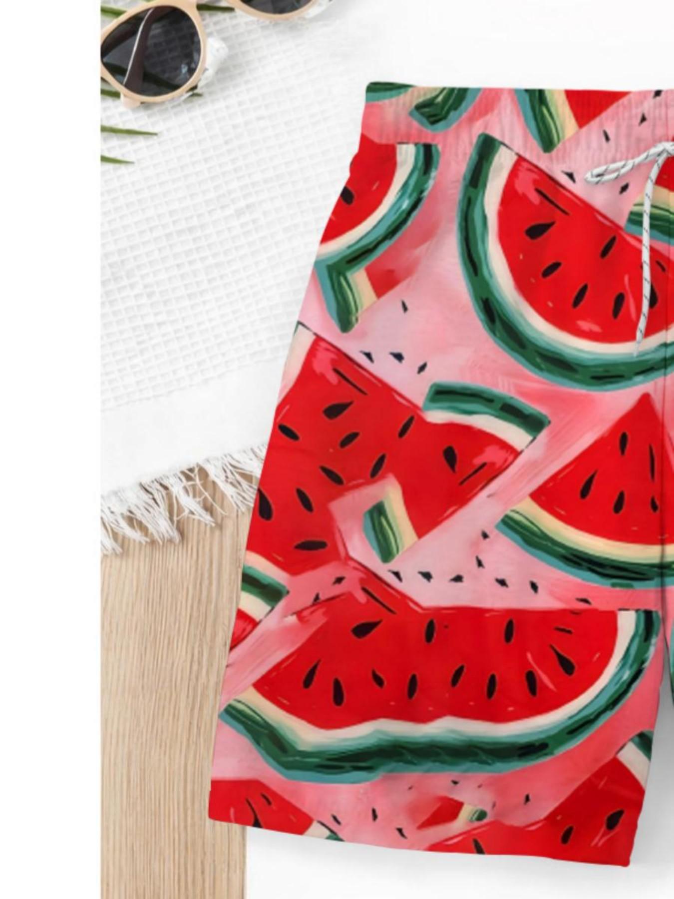 Summer Boys' Watermelon Print Drawstring Beach Pants, Loose Fit Short Swim Trunks, Casual Cartoon Pattern, Ideal for Vacation