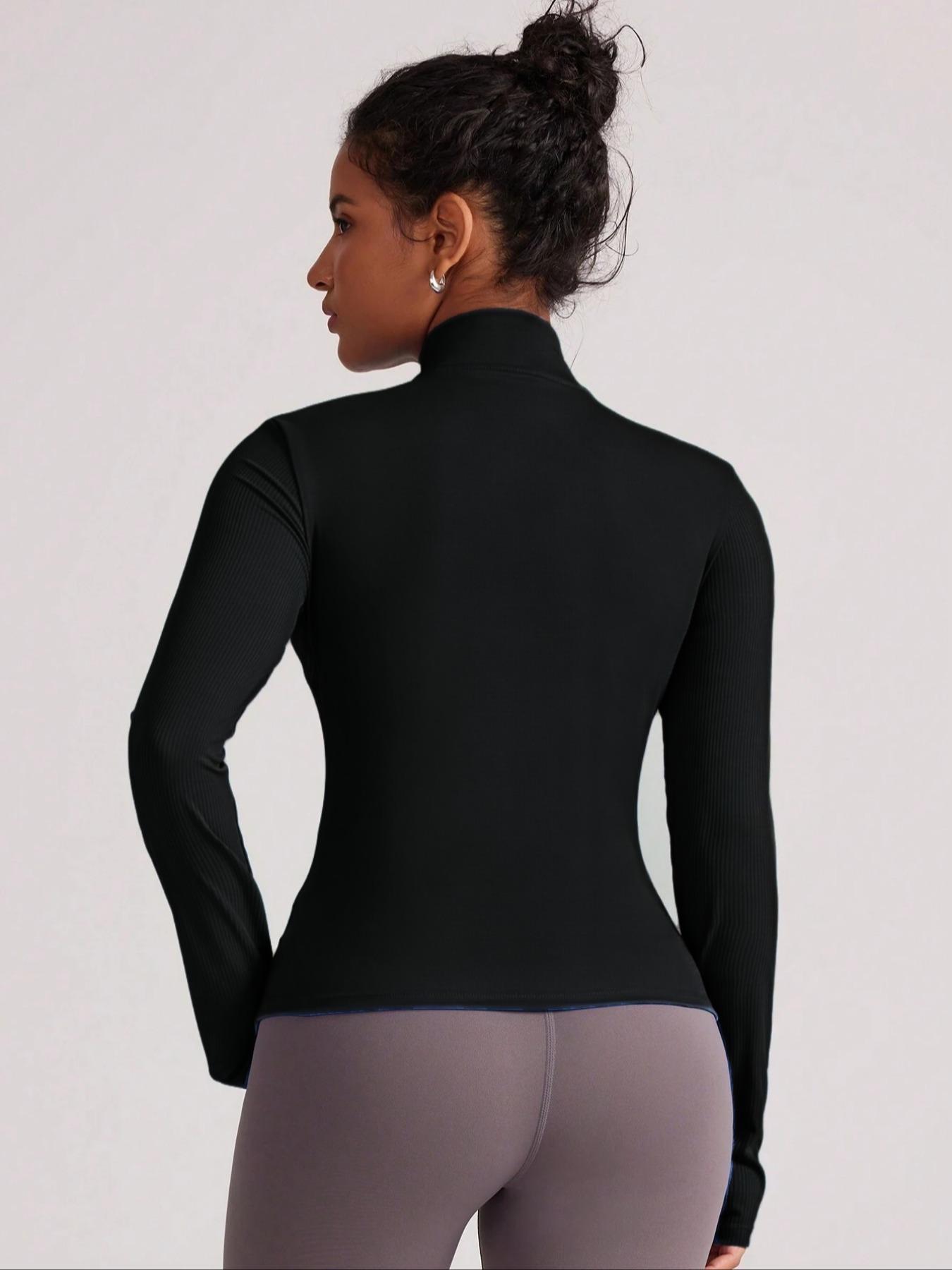 Women's Solid Zip Up Sports Jacket, Sporty Long Sleeve Stand Collar Outerwear for Gym Workout Running, Ladies Sportswear Womenswear for All Seasons