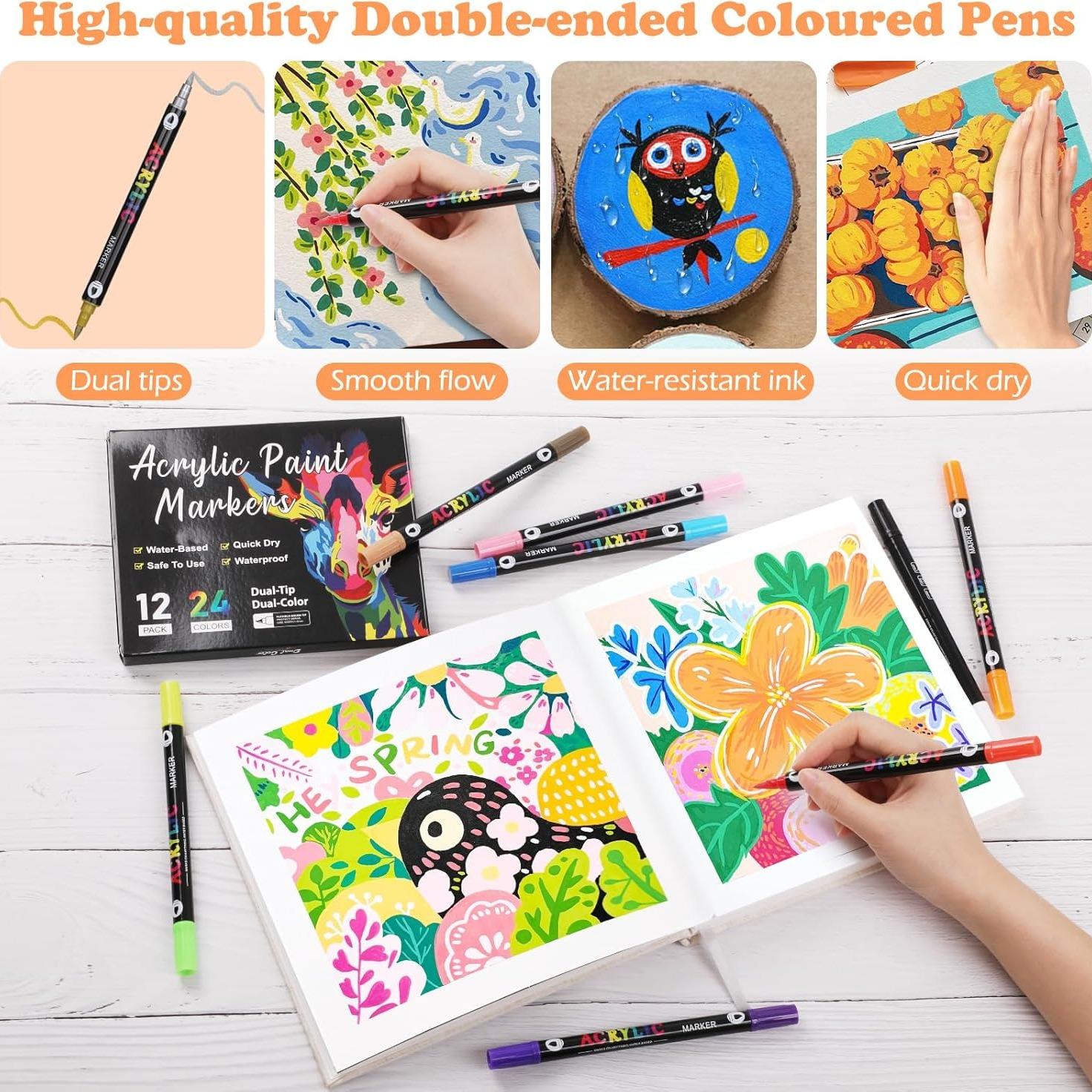 24/120 Color Acrylic Paint Markers, Art Markers Set, Dual Tip Set of 12-60 Pieces, Ideal for Rock Painting, Canvas, Wood, Glass, Ceramic, Fabric, Plastic