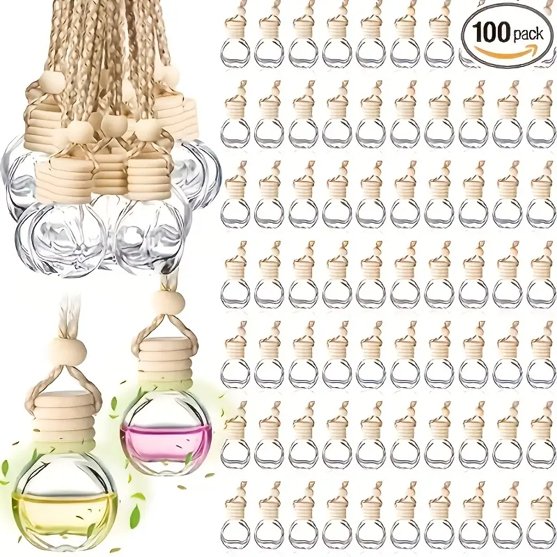 100 pieces of 10ml car hanging perfume bottles empty glass diffuser bottles hanging fragrance perfume pendants refillable aromatic essential oil bottles automotive decoration accessories (no filler)