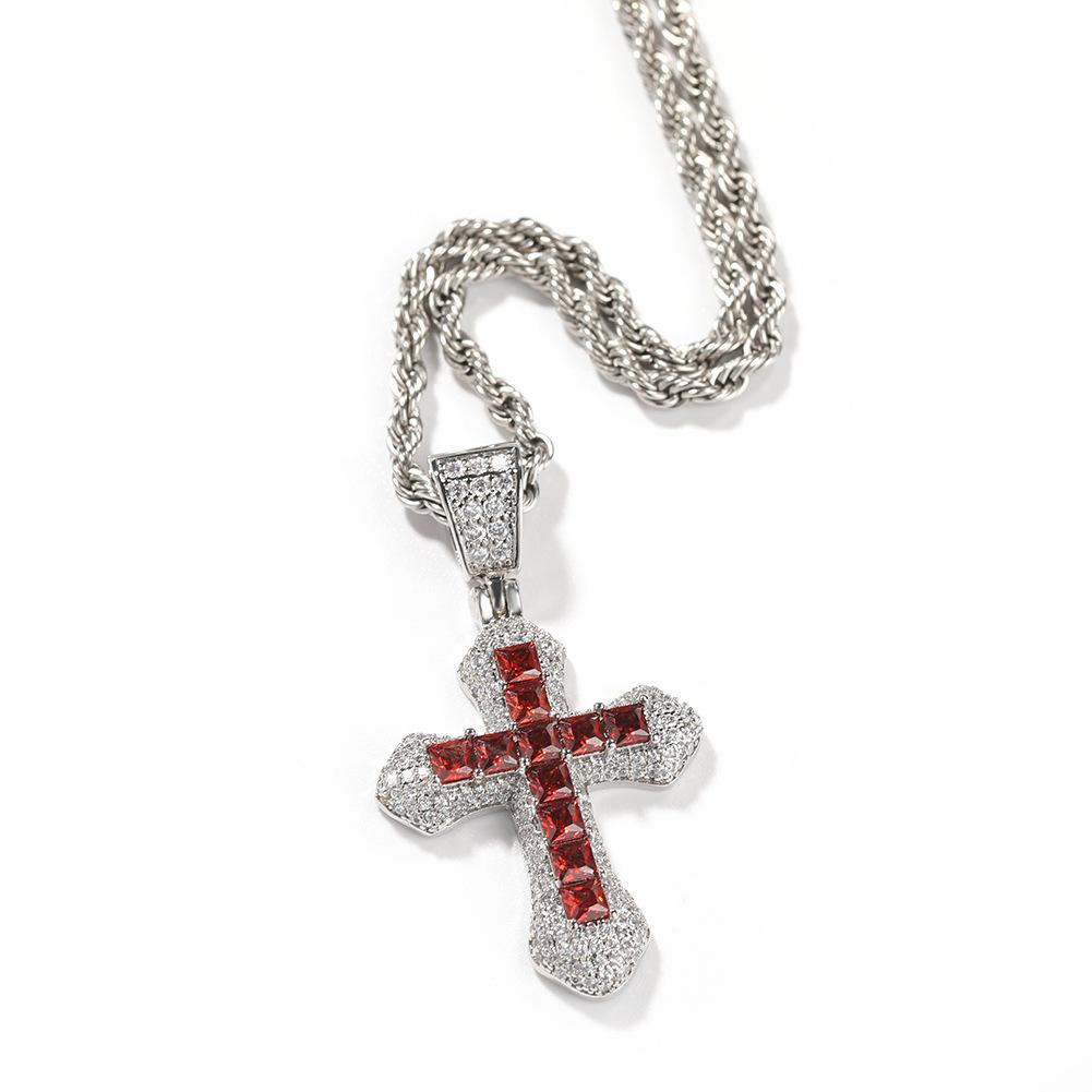 Hip-hop new blue zirconium cross necklace for men, fashionable and versatile heavy-punk sweater chain accessory