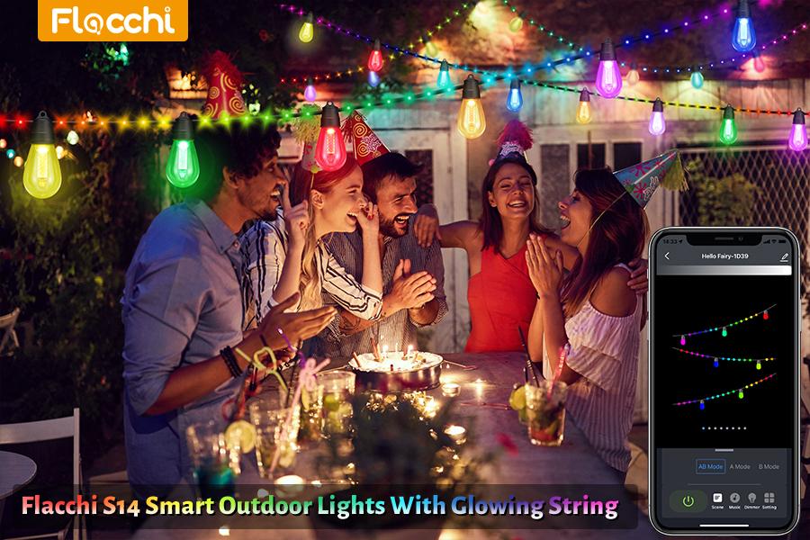 Smart Outdoor Patio Lights - 46ft Smart S14 Independence Day String Lights, Waterproof Shatterproof Bluetooth APP Remote Control Dimmable for Balcony, Backyard, Party, Holiday (RGB & Warm White)