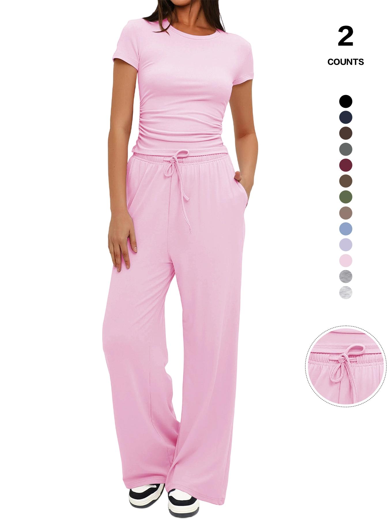 Women's Spring Summer Casual Chic Set, Round Neck Short Sleeve Top & Wide Leg Pants, Slim Fit Home Wear, 2 Piece, Ruched Design, Drawstring