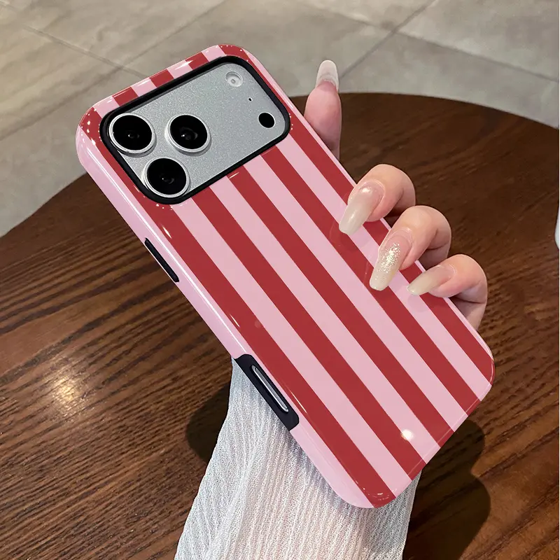 Pink-Maroon Stripe iPhone Silicone TPU Shockproof Case - TikTok Shop
