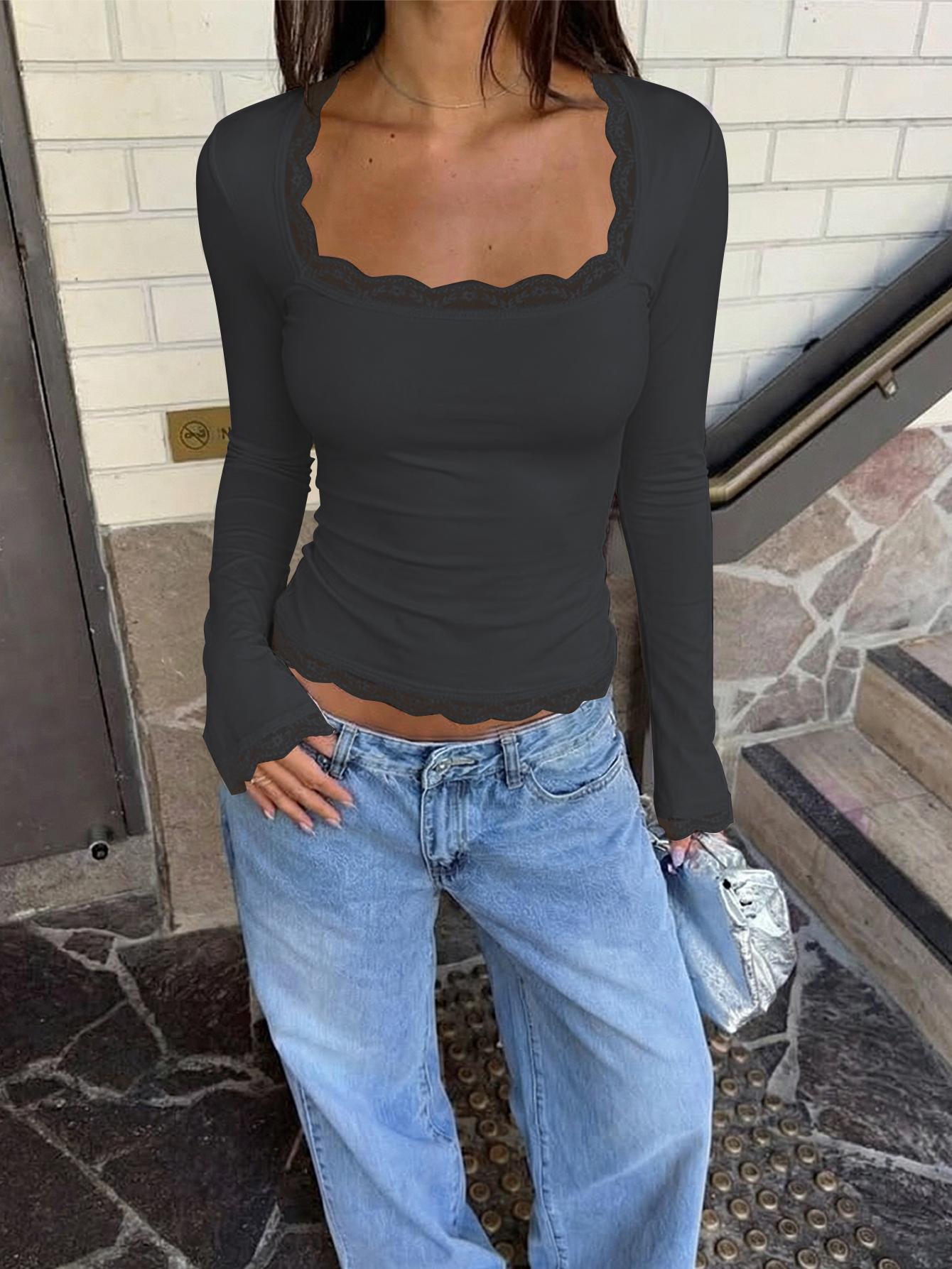 Women's Square Neck Top, Solid Lace Trim Long Sleeve T-Shirt, Elegant Chic Plain Flared Sleeves Slim Fit Crop Top for Spring, Fall and Winter, Womenswear, Blouses Shirts Tops, Casual Elegant Classy, Perfect for Parties, Dates and Everyday Wear