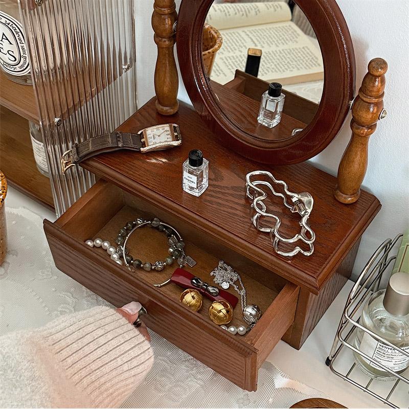 Rotatable Makeup Mirror Desktop Organizer Box, French Vintage Wooden Vanity Storage, Bedroom Desk Accessory, Unframed Edge Grinding Design