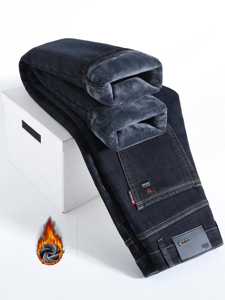 Men's Thickened Winter Fleece Jeans, Loose Straight Leg High Waist Casual Elastic Pants, Warm Long Denim Trousers for Fall & Winter