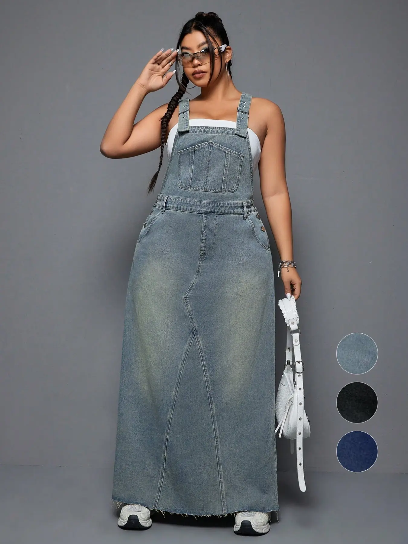Plus Size Women's Chic Summer Dress, Casual Frayed Denim Overall Dress, Trendy Adjustable Straps Sleeveless Long Dress, Ideal for Daily Wear, Comfortable Womenswear