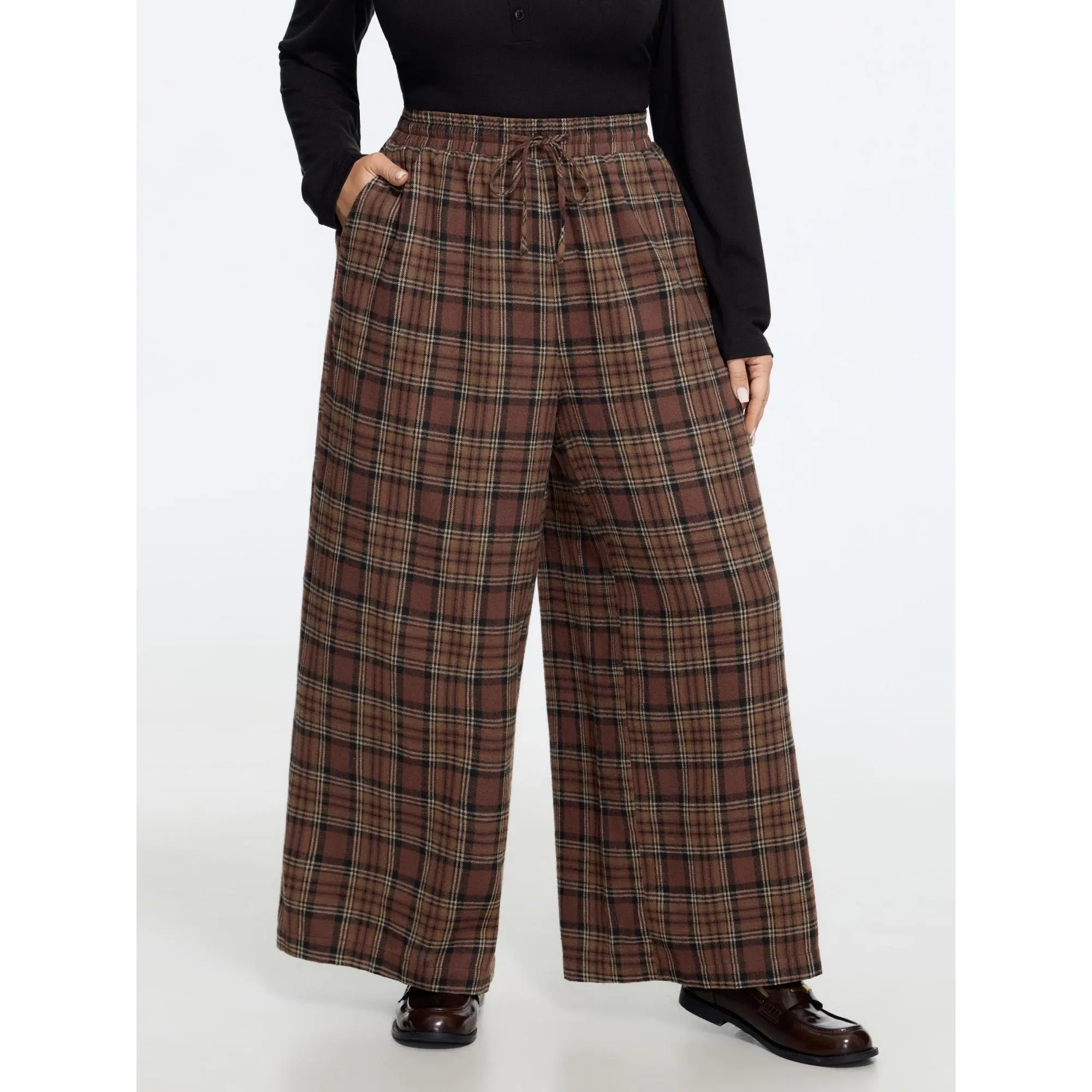 BLOOMCHIC Plus Size Plaid Drawstring Waist Wide Leg Pants