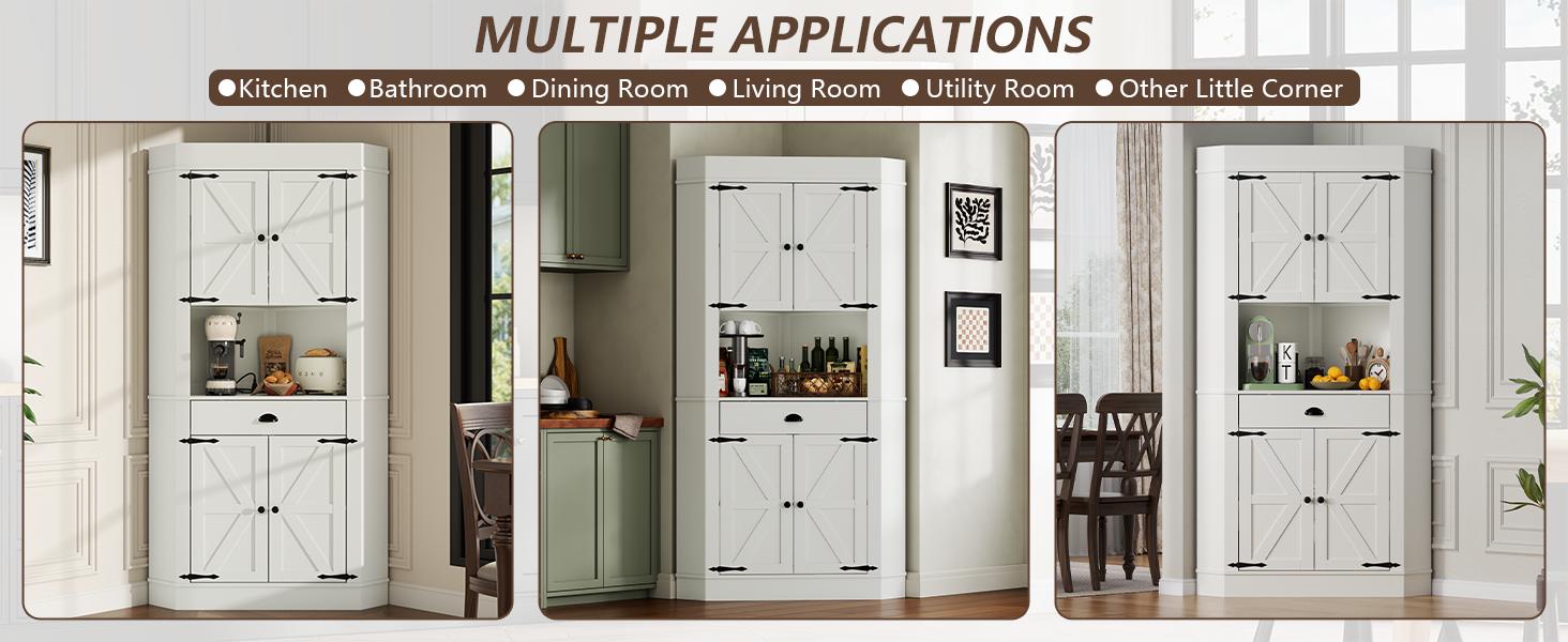 74"Corner Cabinet with Charging Station,Kitchen Pantry Storage Cabinet with Drawer,Freestanding Kitchen Pantry Cabinets with Doors and Shelves,Farmhouse Food Hutch