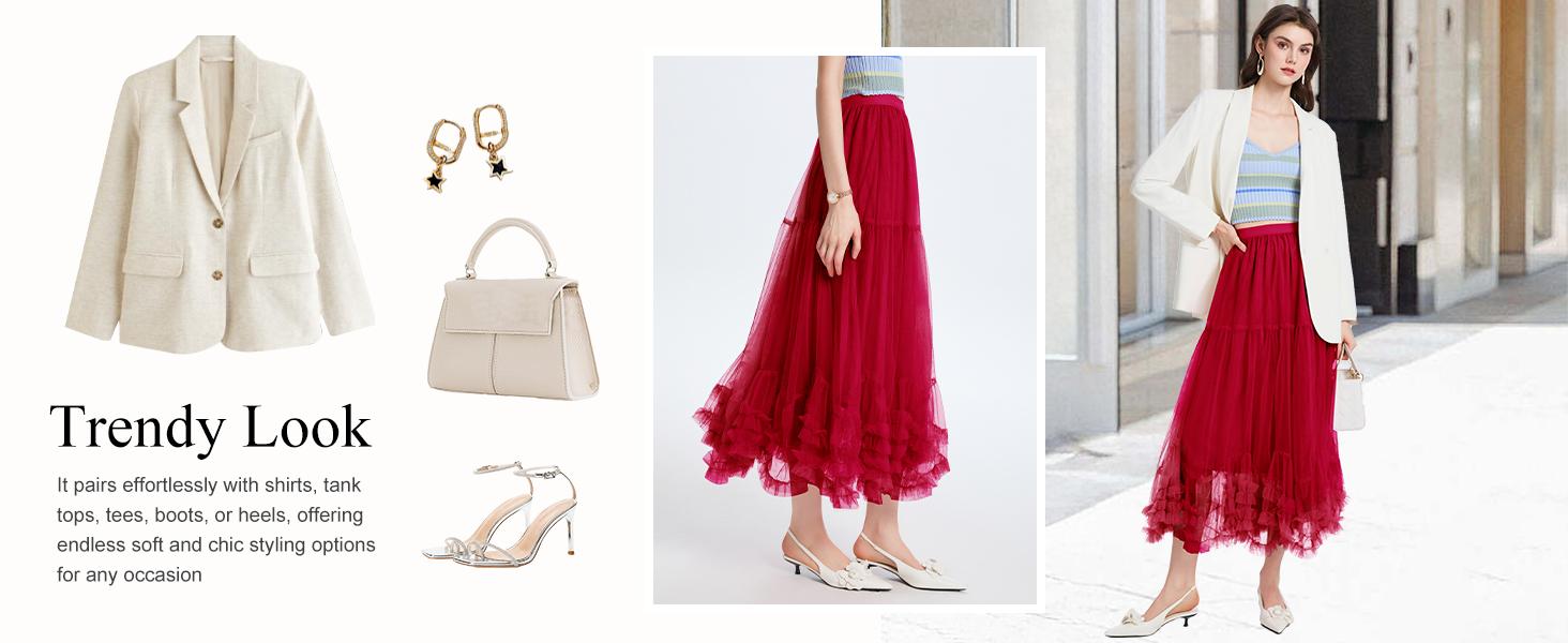 Women's Maxi Tulle Skirt Long Tiered A Line Mesh Tutu Fairy High Elastic Waist Pleated Layered Skirts