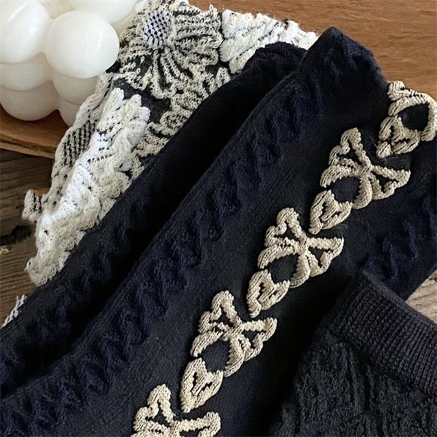 6 pairs of retro college style girl socks  versatile black flower bow loafers  mid length socks | Autumn Winter Outfits / New Fall Winter Style / Thermal Mid-Calf Socks