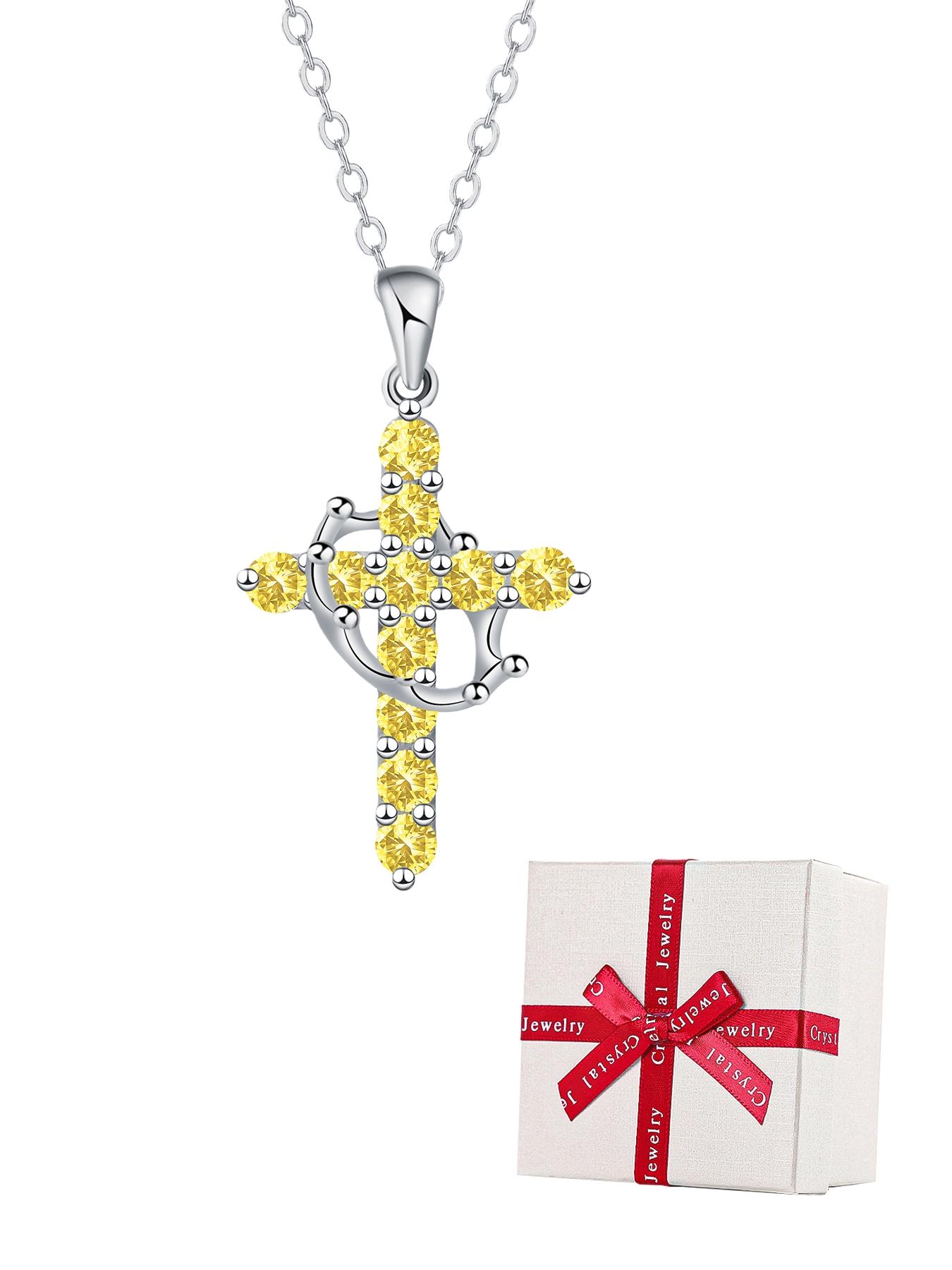 Women's Cz Birthstone Crown Cross Necklace Set, Colorful Fashion Pendant Exquisite Jewelry Gift Box, Christian Wife Mom Girlfriend Faith Present