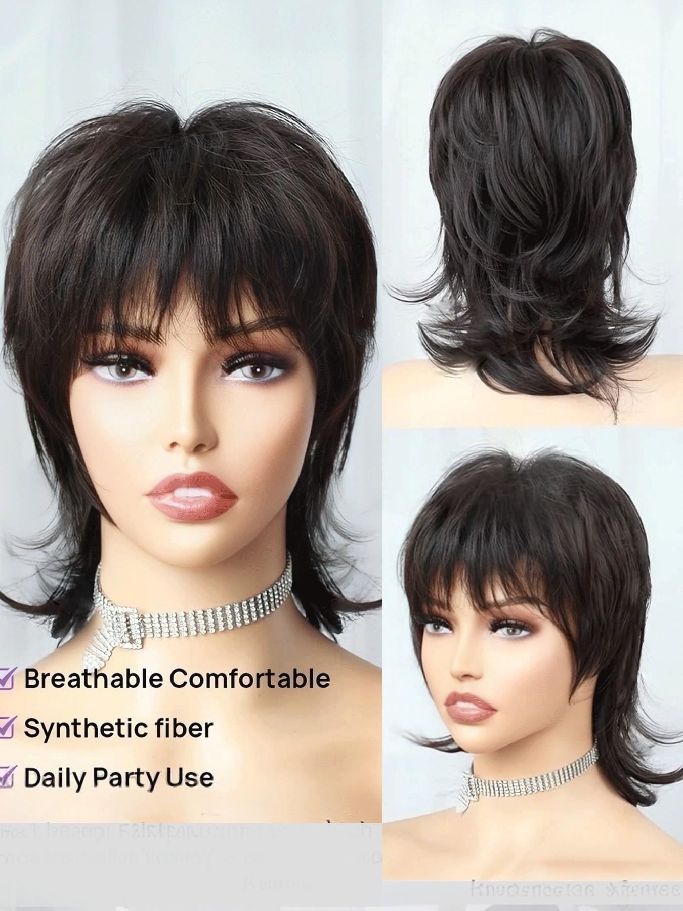 8 Inch Short Pixie Cut Wig With Bangs, Natural Black Brown Shaggy Layered 80s Mullet Wig, Heat Resistant Fluffy Curly Glueless Synthetic Wig, Synthetic Material Wigs, Realistic Scalp Top Soft Fiber Hair Replacement Wigs for Women Daily Party Cosplay Wig