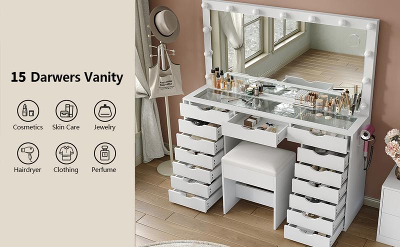 FUSOU 55“W 15 Drawers Vanity Desk with Power Outlet, Makeup Table with Mirror and LED Lights, 3 Color Lighting Modes, Vanity Table with Chair for Bedroom