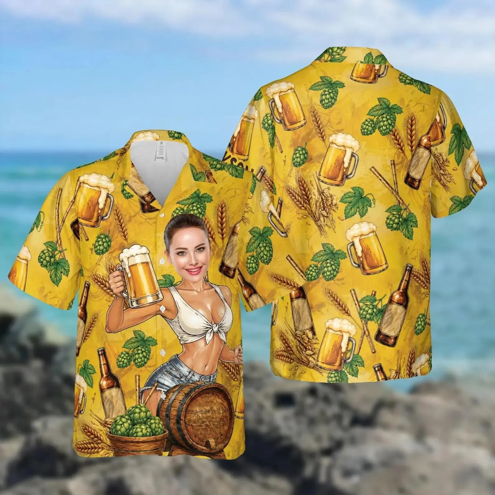 Men's Short-Sleeve Button-Down Shirt - Menswear Top, Classic Casual, Yellow Beer Hops Wheat Pattern With Woman Holding Mug Print For Beach Party Summer Vacation, Tops, Garment