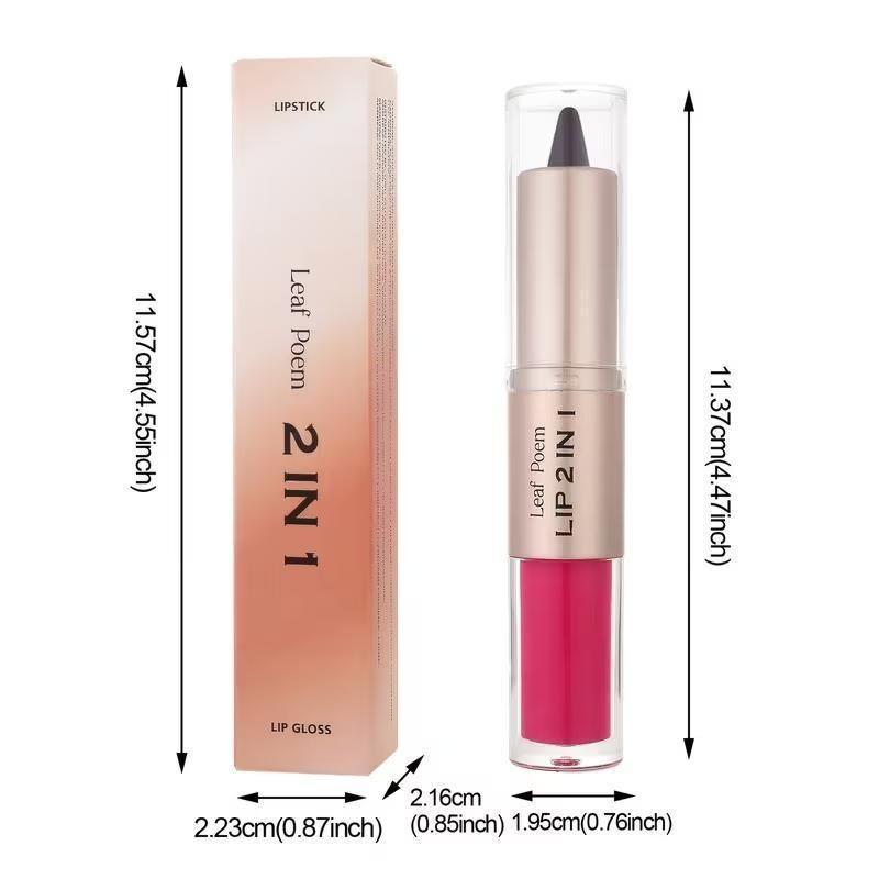 2-in-1 Dual-Ended Lip Gloss & Lipstick - Matte lip liner to outline lips, mirror-like glossy lip gloss, long-lasting color that doesn't smudge on cups, berry tones, anti-slip bullet design, 8 colors available, Cosmetic, Lip Product