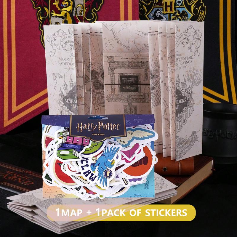 1pc Harry Potter Officially Licensed  Map of The Marauder's School of Magic Hogwarts Wizard Hermione Character Stickers  Magical Cosplay Props Movies Anime Peripheral Gilded Tickets Treasure Hunt Map Water Proof DIY Stickers