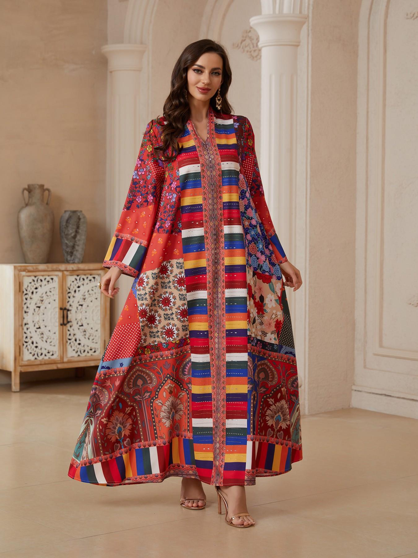 Middle Eastern High-End Custom Rainbow Geometric Totem Robe, Vintage Floral Light Luxury Abaya, Elegant Long Dress for Women