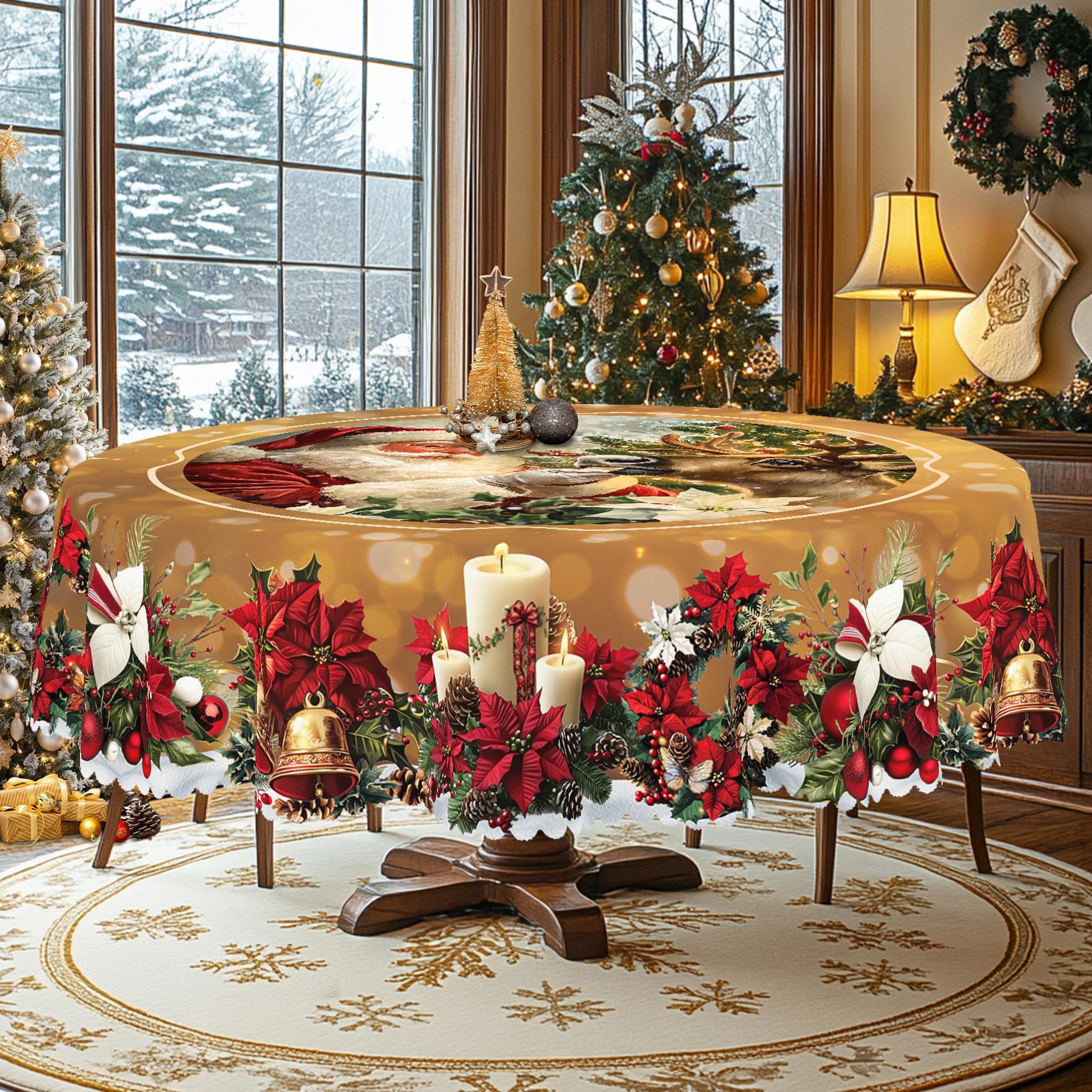 PLUMLIK Vintage Christmas Tablecloth with Santa Claus, Reindeer Patterns, Christmas Decor 2025, Christmas Party Decoration for Indoor&Outdoor, Golden Round Rectangular Table Cloth, Holiday Home kitchen Festive Decor, Christmas Gifts Dinnerware Celebration