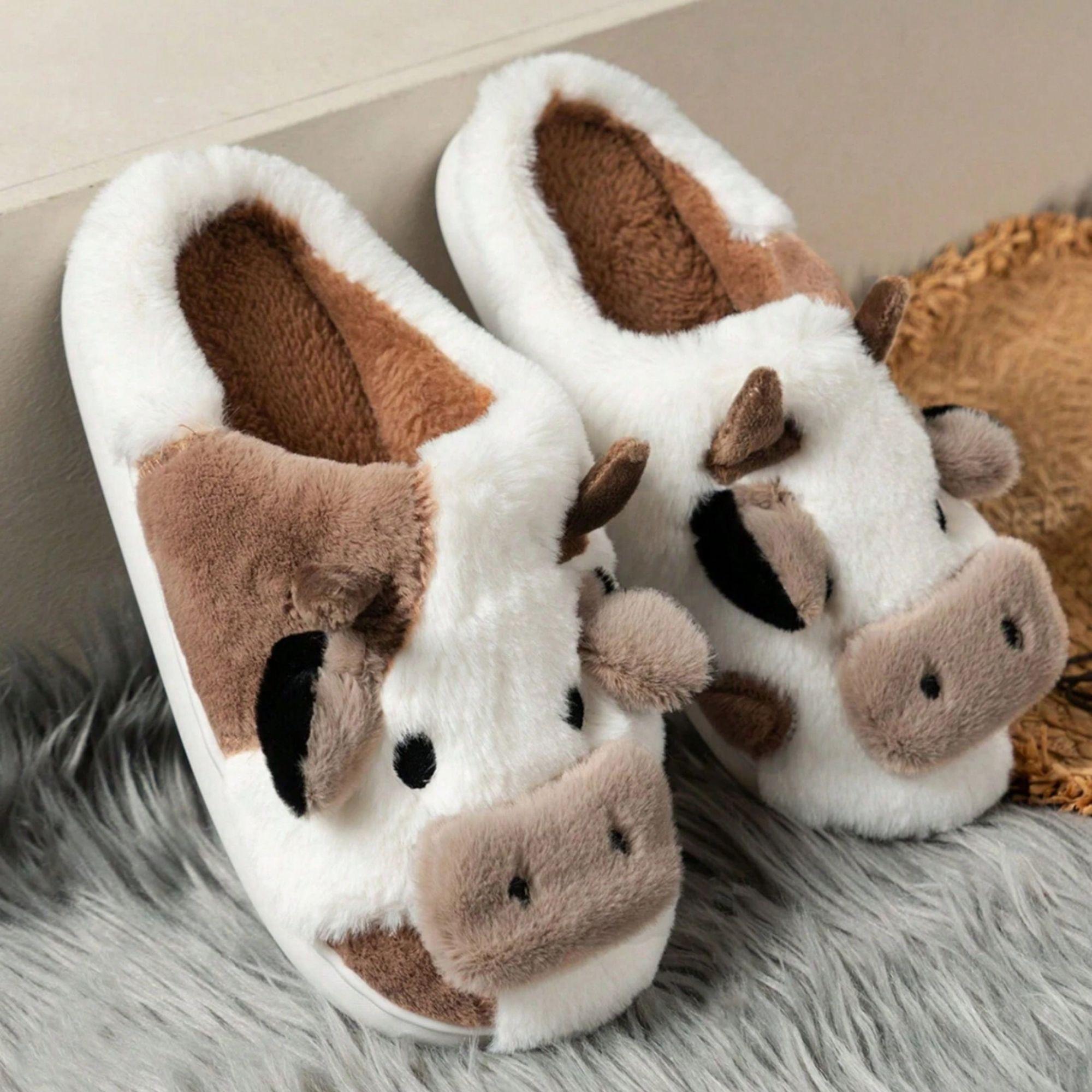 Cartoon Cow Cotton Slippers, Winter Indoor Outdoor Slippers for WomenWinter Warm Shoes