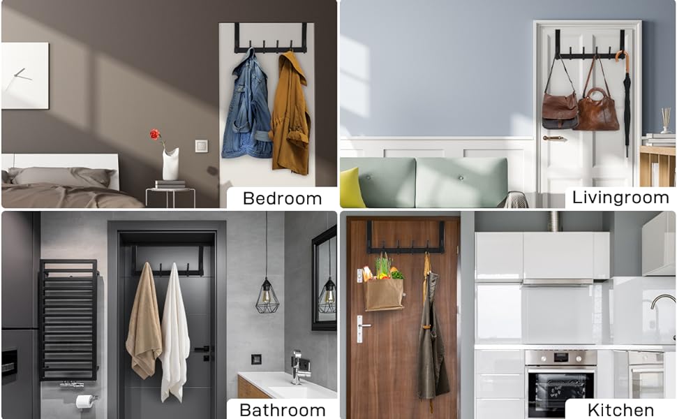 Over The Door Hooks, Door Hanger Hooks for Hanging, Over The Doors Towel Racks for Bathroom with 12 Coat Hook, Coat Rack Dorm Essentials Bathroom Accessories(1 Pack, Black)